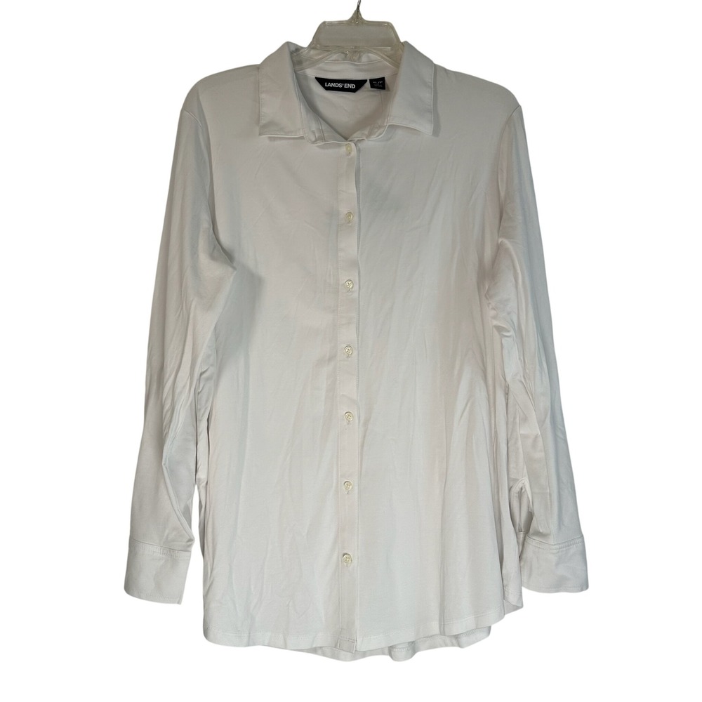 Lands End White Cotton Modal Button Down Shirt Petite XL 18 Long Sleeve Stretch